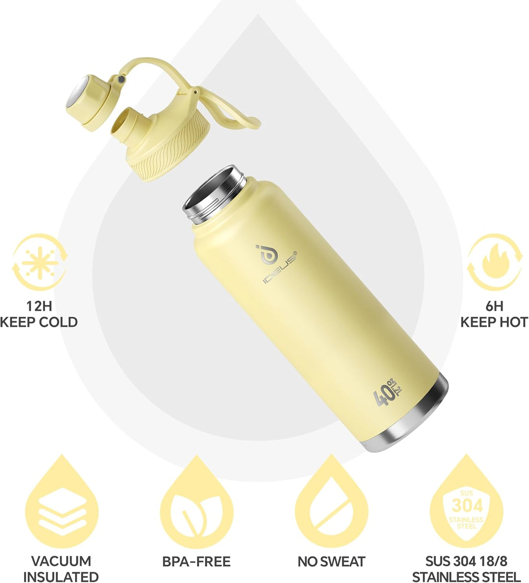IDEUS Vakuumisolierte Wasserflasche, 40 Oz (1140 ml) Edelstahl Doppelwand Flasche Metall Sport Kanti