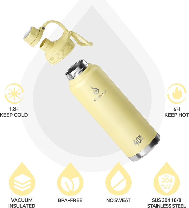 IDEUS Vakuumisolierte Wasserflasche, 40 Oz (1140 ml) Edelstahl Doppelwand Flasche Metall Sport Kanti