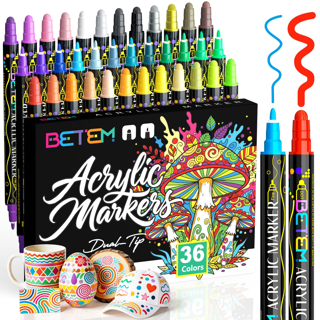 Betem 36 Farben Acrylstifte für Steine Wasserfest mit Doppelspitze, Acrylmarker für Holz, Leinwand,