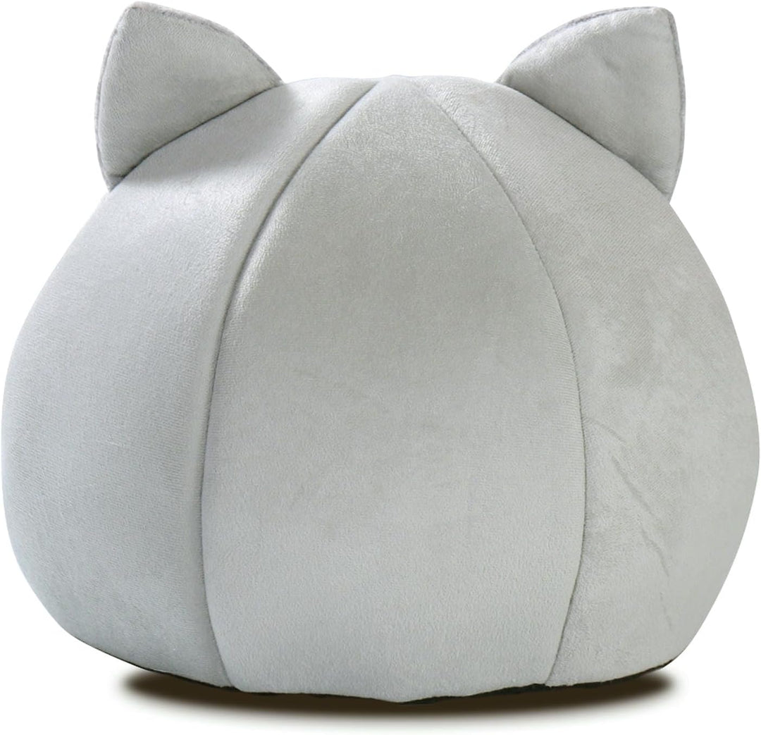 Katzenhöhle mit Ohren, Plüsch-Katzenbett, Grau-Weiss, rutschfeste Unterseite, Grau-weiß