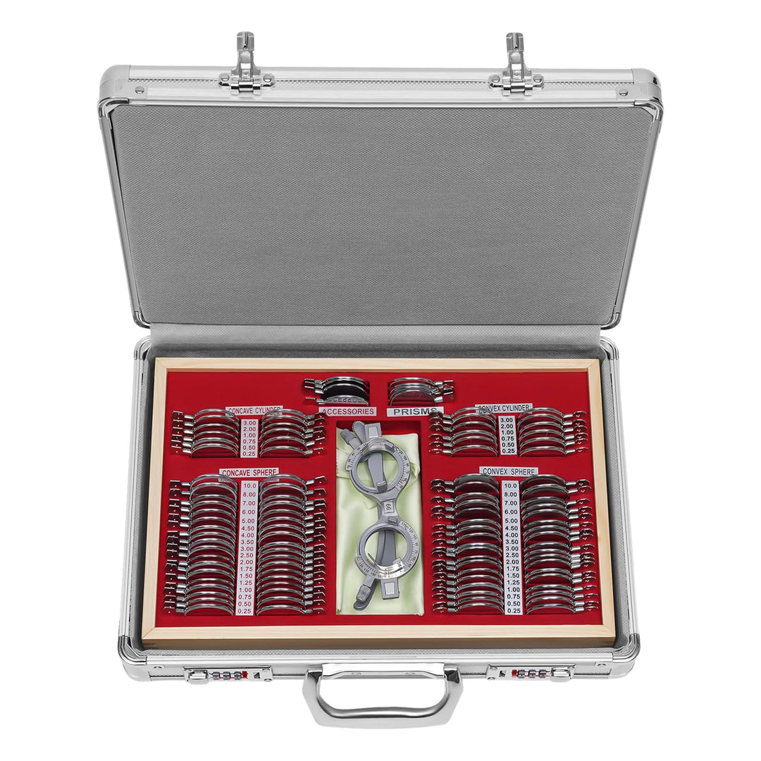 Set mit 104 Optometrie-Testlinsen aus Metall, mit Optometrie-Testrahmen mit kostenlosem Zubehör + Ge