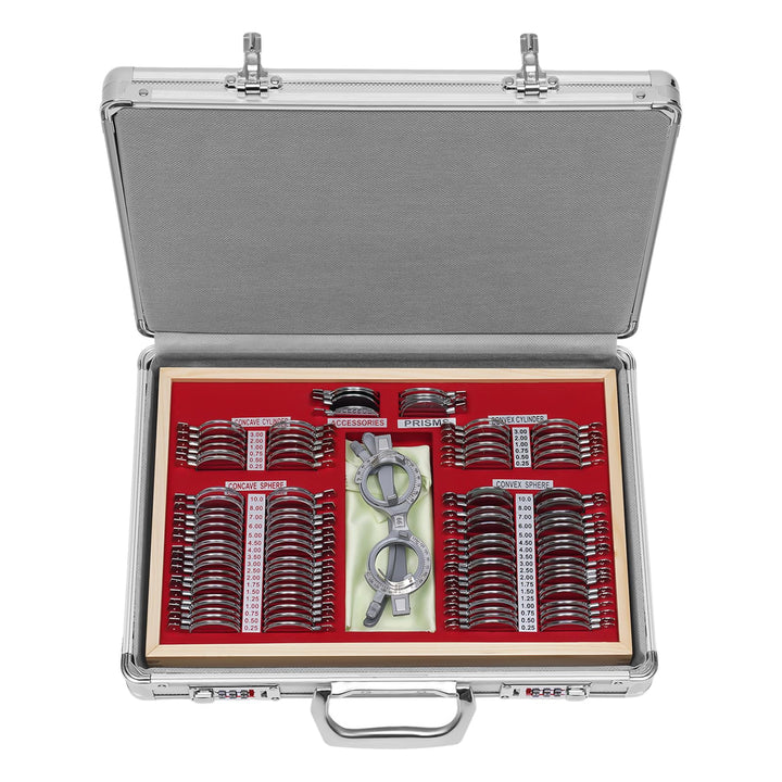 Set mit 104 Optometrie-Testlinsen aus Metall, mit Optometrie-Testrahmen mit kostenlosem Zubehör + Ge