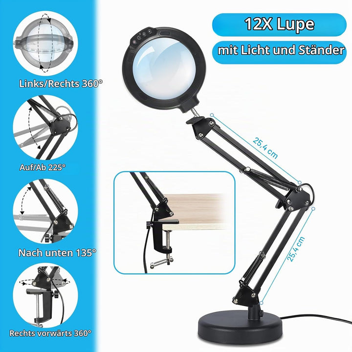 12X Tischlupe mit Licht und Ständer, Tischlampe mit Lupe &amp; Lupenleuchte mit Klemme 2-in-1, 5 Farbmod