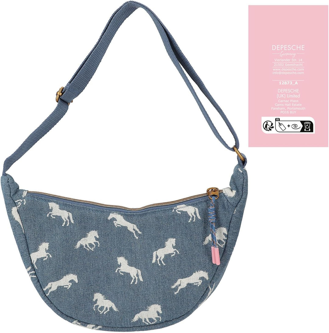Depesche 12873 Miss Melody Denim - Kleine Halbmond Umhängetasche aus Jeans, mit Pferde Muster, Dunke