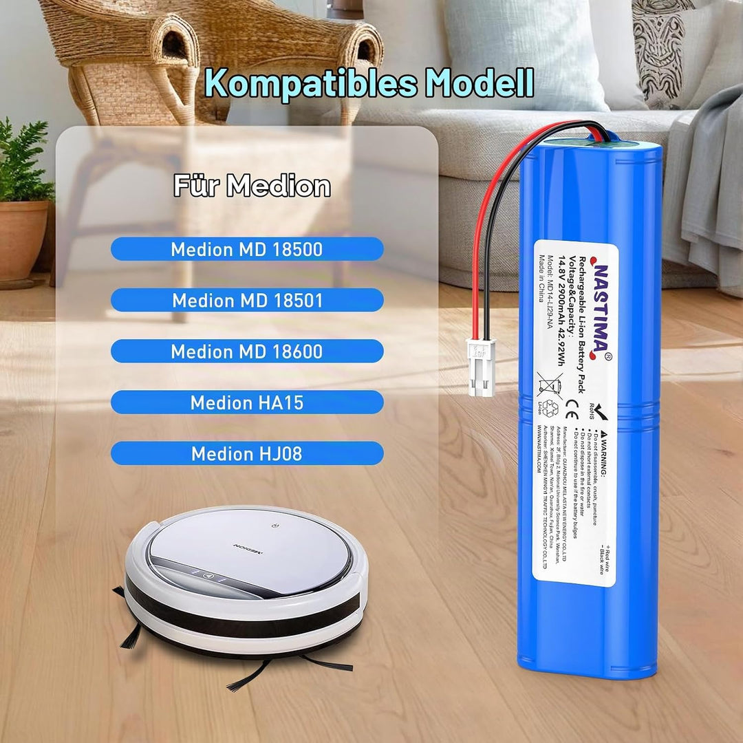 NASTIMA 14,8V 2900mAh Li-ion Akku, Ersatz Akku für Medion MD 18500 18501 18600 Serie Staubsauger