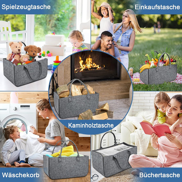 FIVMEN 4 Stück Filztasche Faltbar Filzkorb Holzkorb mit Griffen Kaminholzkorb Brennholzkorb Shopper
