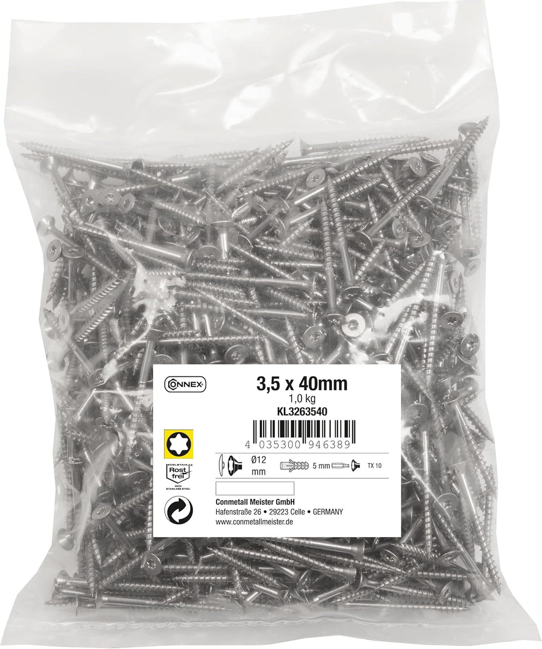 Connex Universalschrauben 3,5 x 40 mm - 1 kg Grosspack - Senkkopf - TX-Antrieb - Teilgewinde - Edels