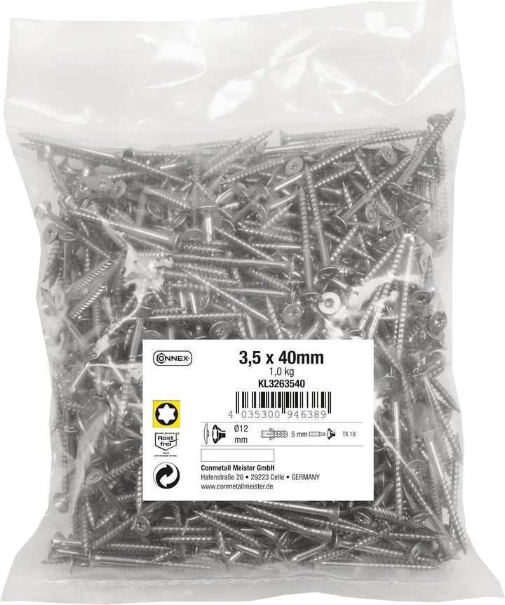Connex Universalschrauben 3,5 x 40 mm - 1 kg Grosspack - Senkkopf - TX-Antrieb - Teilgewinde - Edels