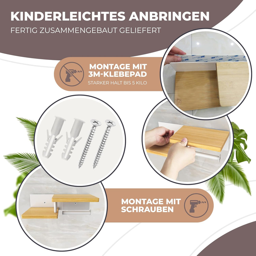 Toilettenpapierhalter Holz Bambus [KLEBEN oder Bohren] | hochwertiger Klopapierhalter ohne Bohren mi