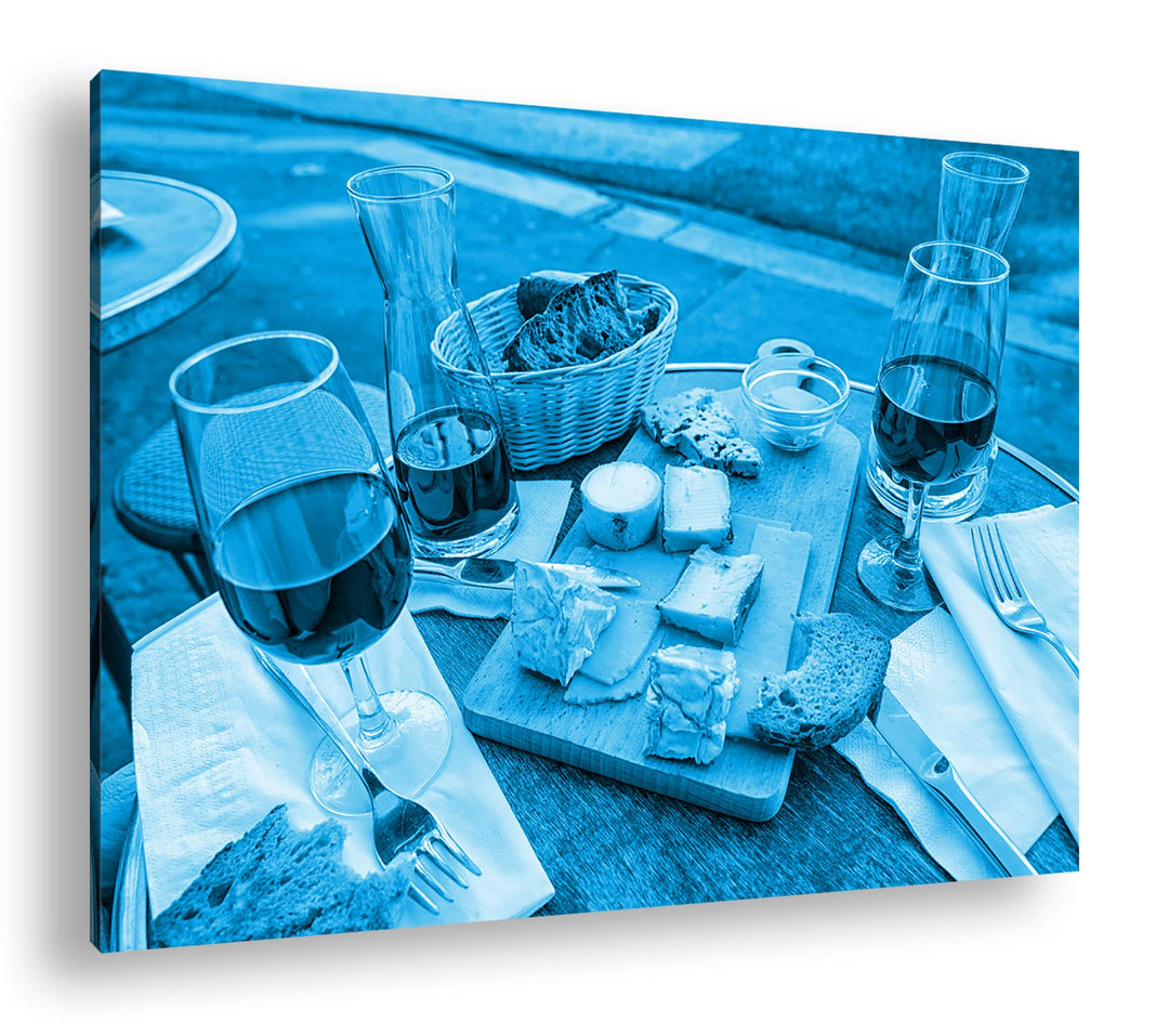 deyoli appetitliches Wein und Käse Buffet Format 80x60 Effekt: Monocrome Blau als Leinwandbild, Moti