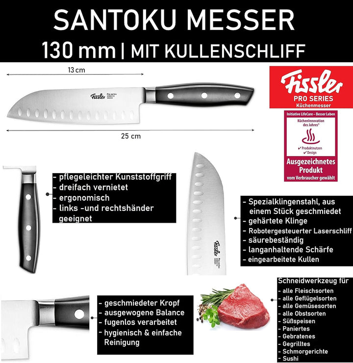 Fissler PROFI Santoku Messer 130mm - Hochwertig, Klinge 13cm, Spezialklingen-Edelstahl geschmiedet -