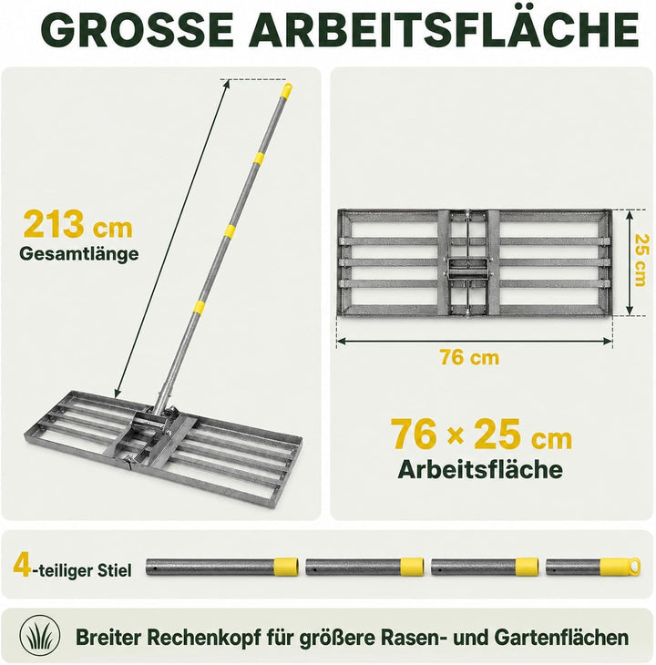 Rasenrakel 213 cm, 76 x 25 cm Rasen-Nivelliergerät aus Edelstahl, Ergonomischer Rasen-Nivellierreche