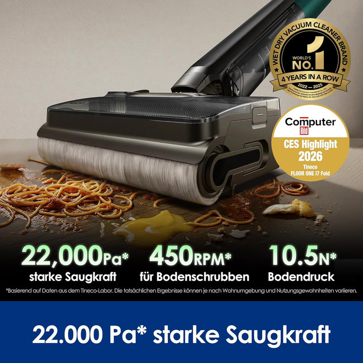 Tineco Floor One i7 Fold Nass-Trockensauger – 22000 Pa Saugkraft Anti-Haar-Verwicklung, 180° Faltbar