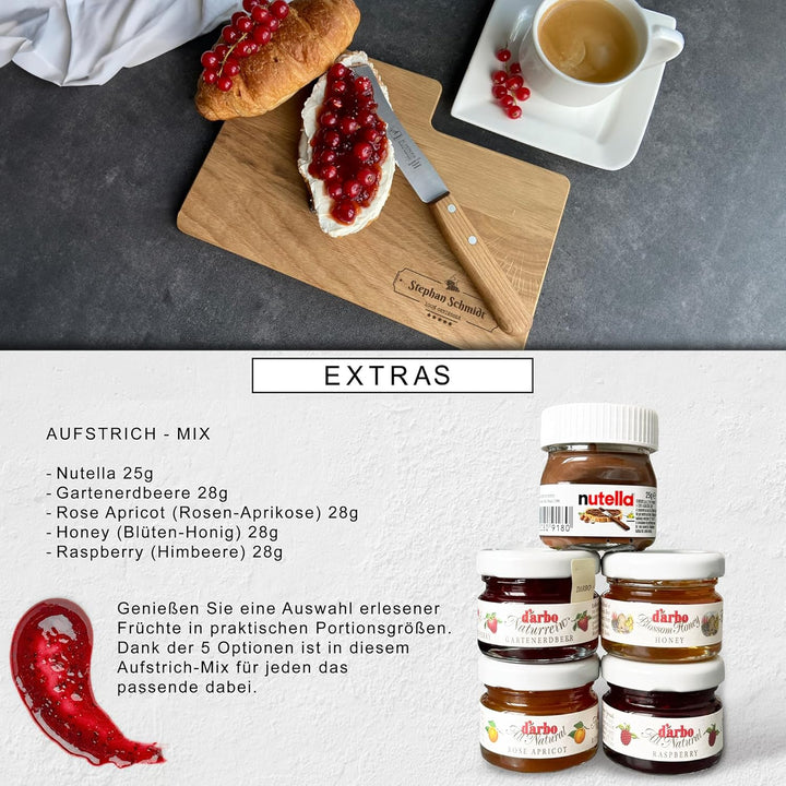 Personalisiertes Premium Frühstücksbrettchen mit Buckelsmesser, Wunsch-Name und Text graviert – Gesc