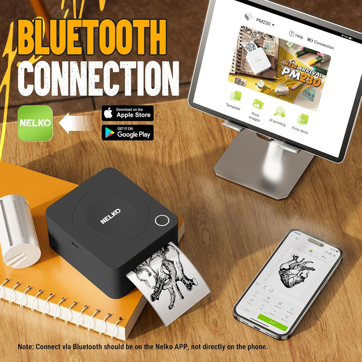 Nelko Aufkleber Drucker, PM230 Mini Drucker Bluetooth Portabel Sticker Maker mit 3 Rollen Papier, fü