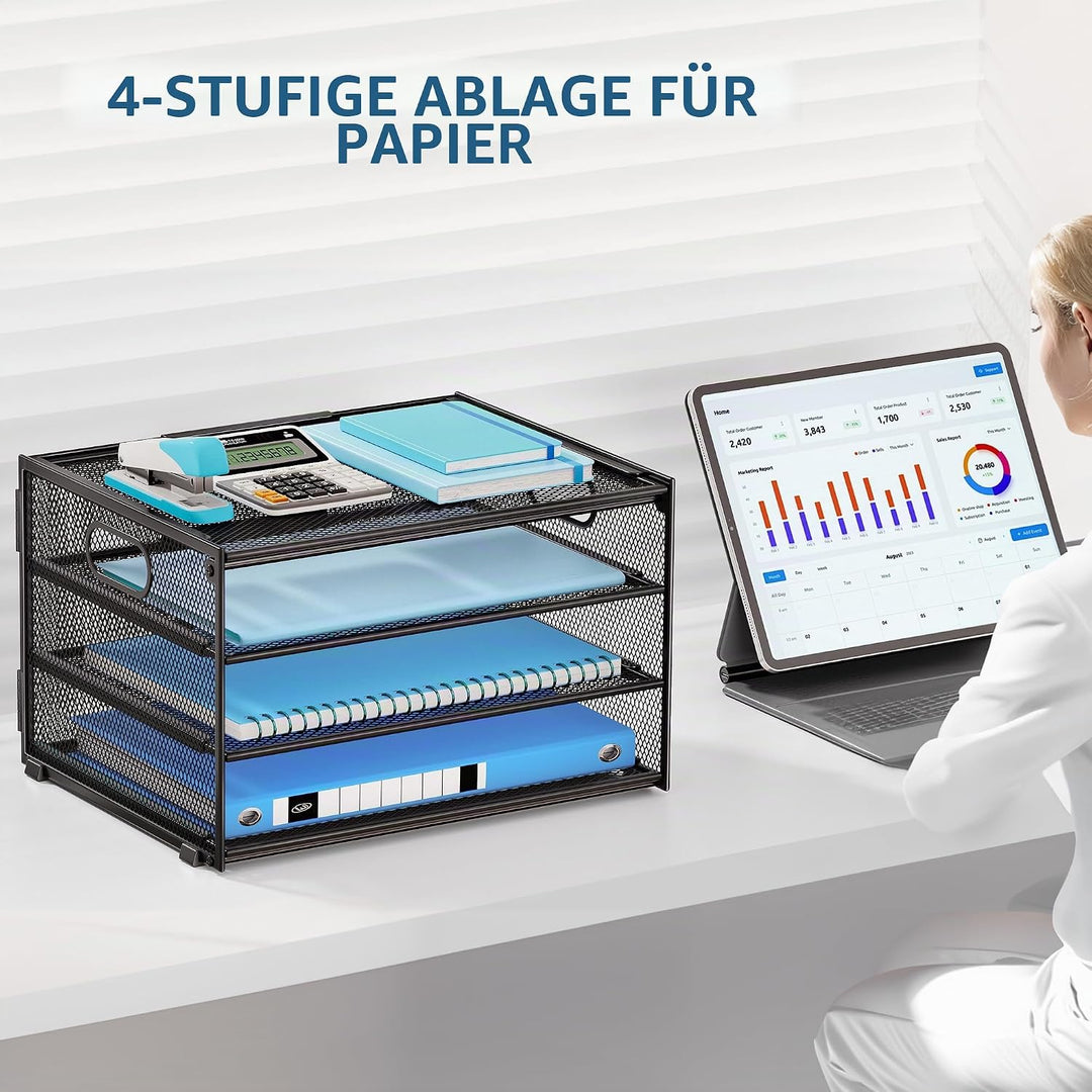 Marbrasse Schreibtisch Organizer,4-Stufiges Metall Netz-Briefablage mit Griff,Zeitungsordner,Papier