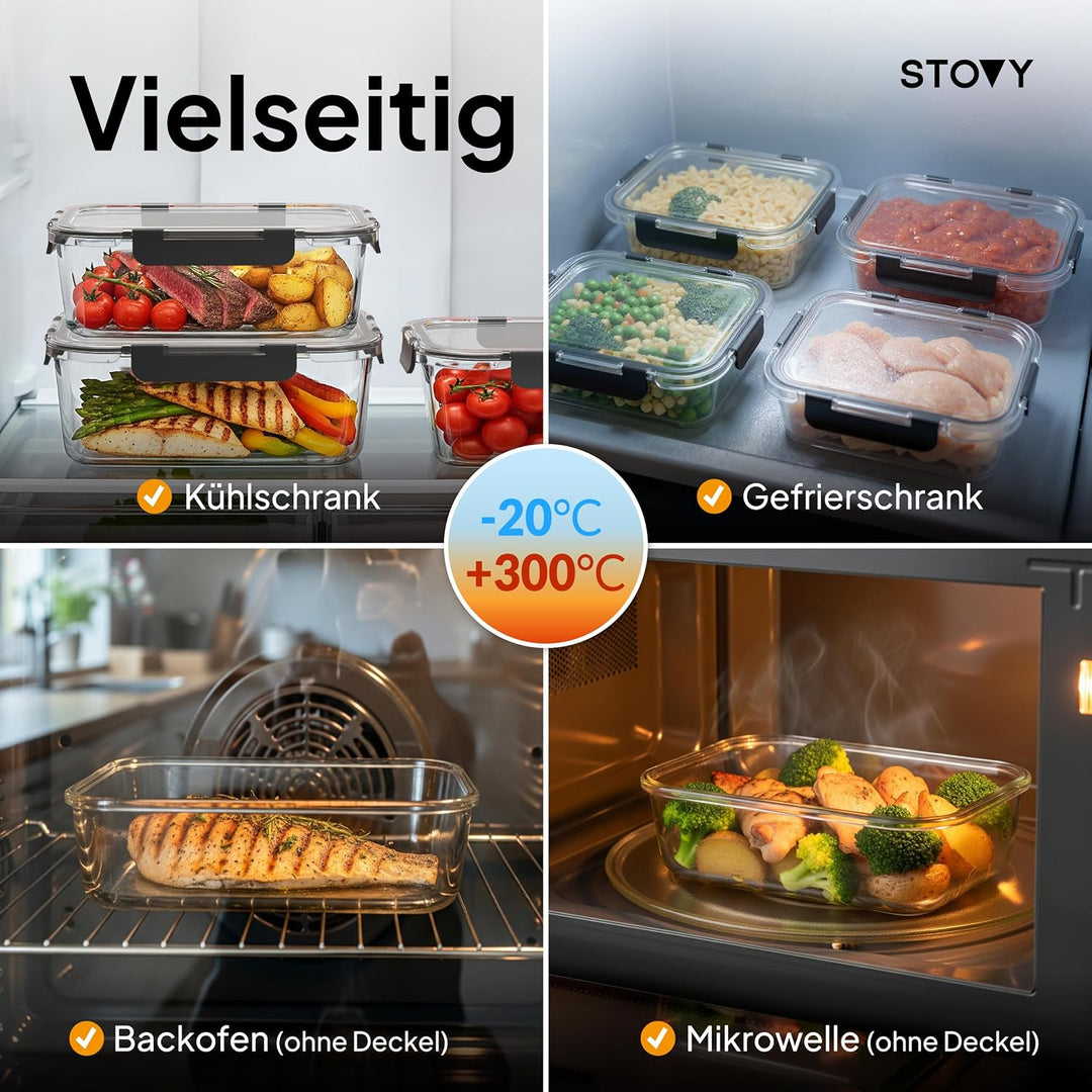 STOVY® Meal Prep Boxen Glas - 5x 1040ml I Glasbehälter mit Deckel - Ideal für komplette Mahlzeiten I