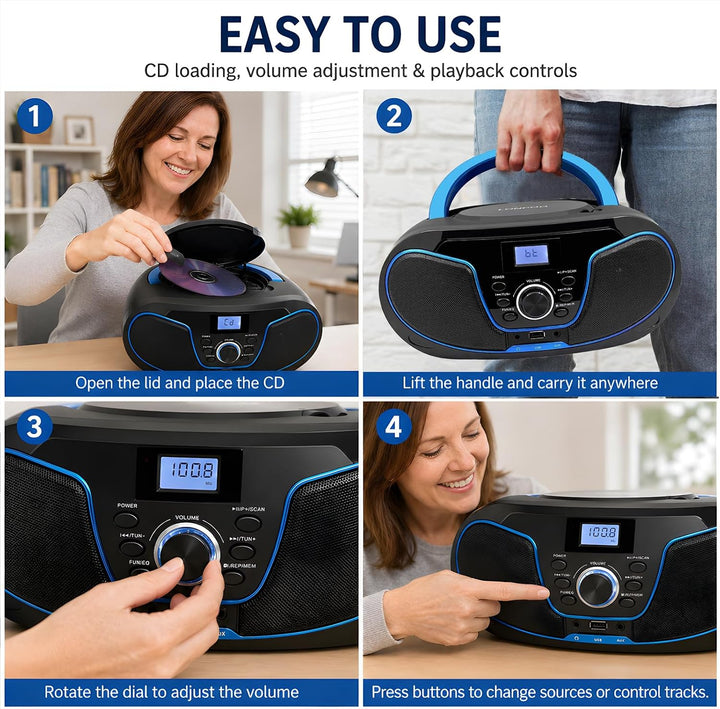 Tragbar CD Player Boombox Bluetooth - mit UKW Radio, USB Eingang &amp; AUX &amp; Kopfhörern Ports, 2 x 2 Wat