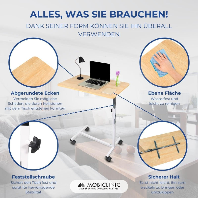 Mobiclinic, Bett- oder Sofa Beistelltisch für Erwachsene und Behinderte, Mit Rädern, Leicht, Tragbar