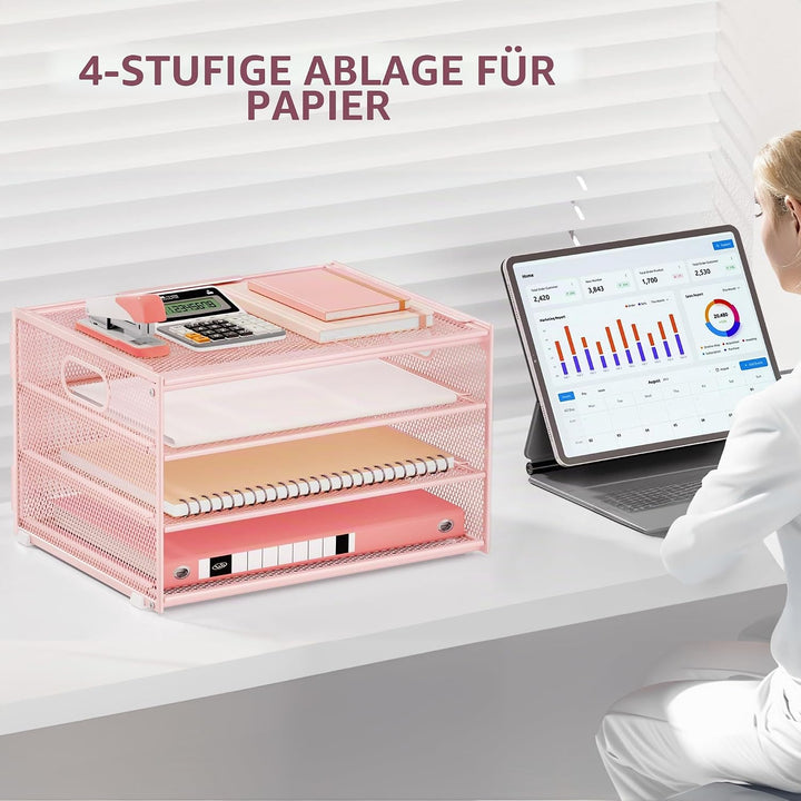 Marbrasse Schreibtisch Organizer,4-Stufiges Metall Netz-Briefablage mit Griff,Zeitungsordner,Papier