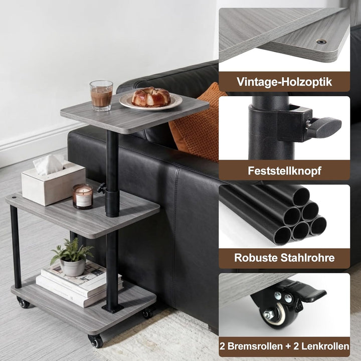 Beistelltisch auf Rollen mit Bremse, höhenverstellbar &amp; 360° drehbar – Beistelltisch Couch/Side Tabl