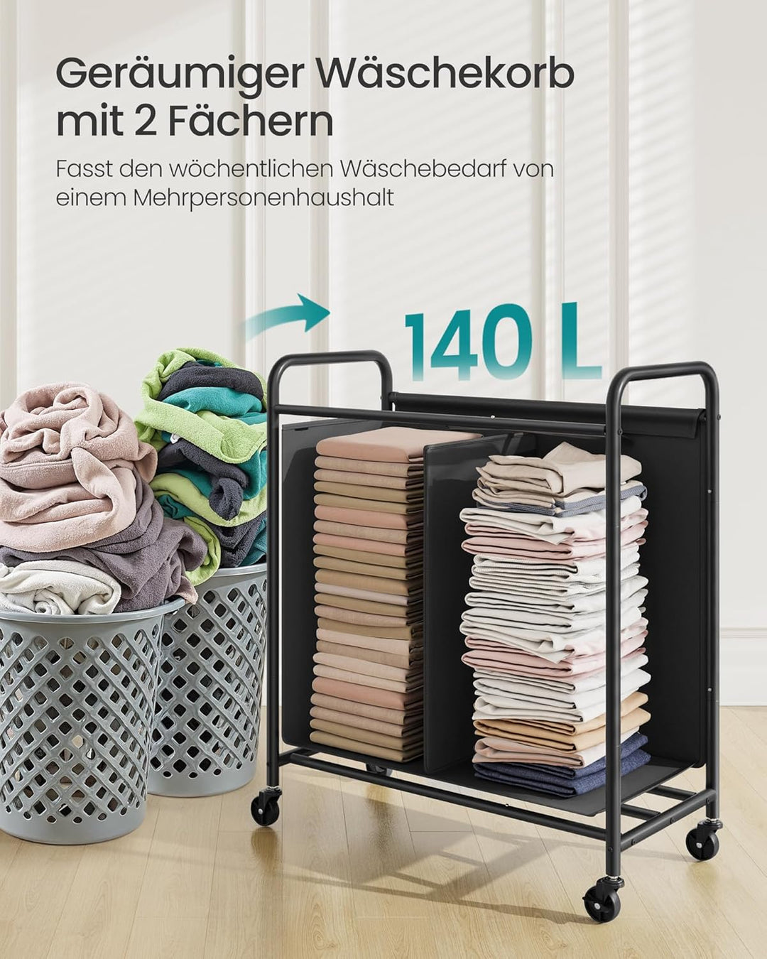 SONGMICS Wäschekorb mit Rollen, Wäschesammler 2 Fächer, 140 L Wäschesortierer, beweglicher Wäschewag