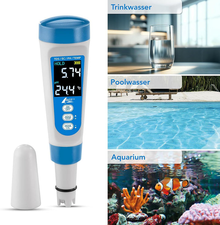 AGT pH Tester: Digitales 4in1-Wasserqualitäts-Messgerät, LCD-Display, IP55 (EC Messgerät, Wassertest