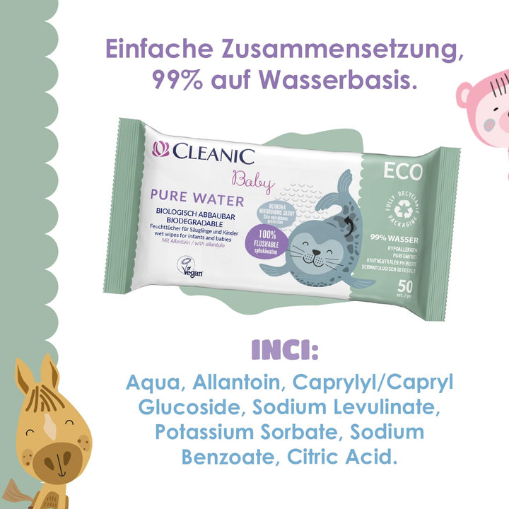 Cleanic Baby Eco Pure Water Feuchttücher – (16x50 Stück) Feuchttücher für Kinder und Säuglinge – par