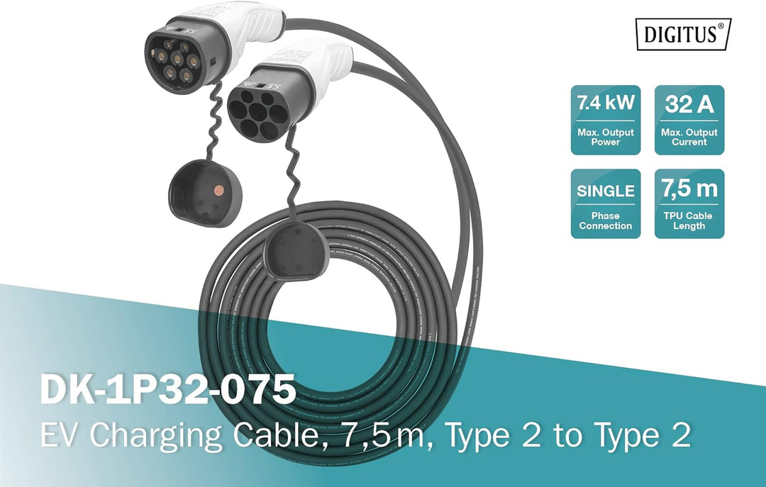 DIGITUS Mode 3 Ladekabel für Elektroautos & PHEV – 7,5 m – Typ 2 auf Typ 2 – 1-Phasig – 32 A – 7,4 k