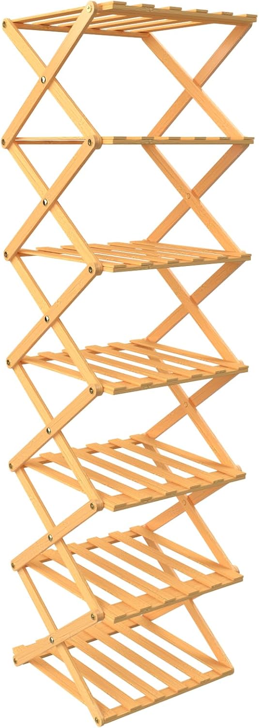 OHMG Regal aus Holz, faltbar, 7 Ebenen, Schuhregal aus Bambus, leicht, mit starker Tragfähigkeit, fü