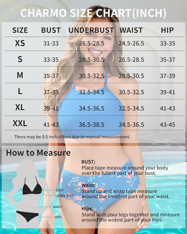 CharmLeaks Women Two Piece Swimsuit Set High Neck Black Bikini Bathing Suit XL