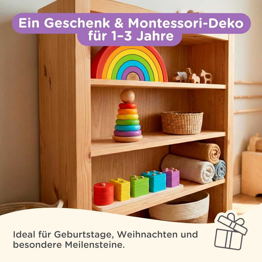 Nene Toys Montessori Holzspielzeug ab 1 Jahr – FSC 3-in-1 Regenbogen, Stapelturm & Sortier-Steckspie