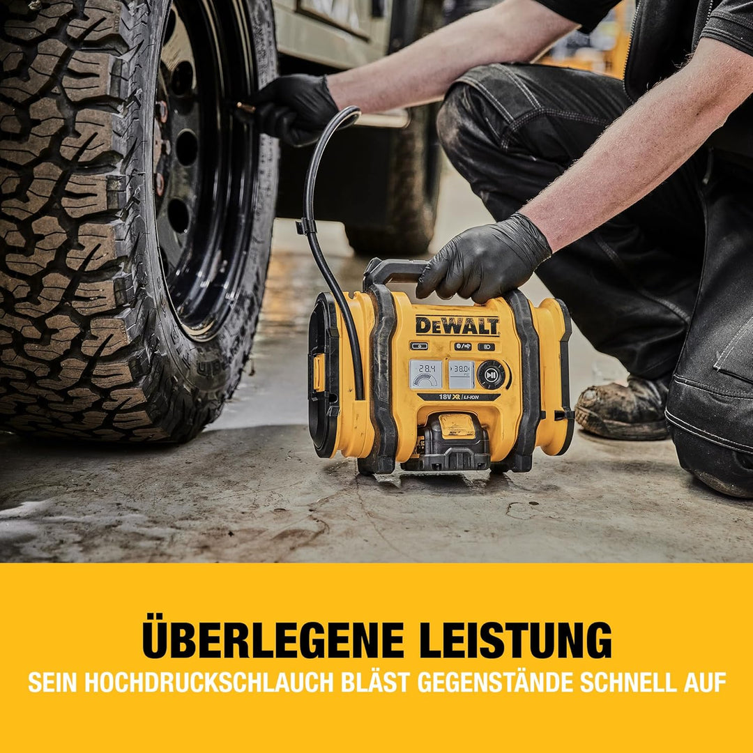 Dewalt Akku-Kompakt-Kompressor (12V-Anschluss oder 18V Akku, 11 bar, für Fahrrad- und Autoreifen, Ro