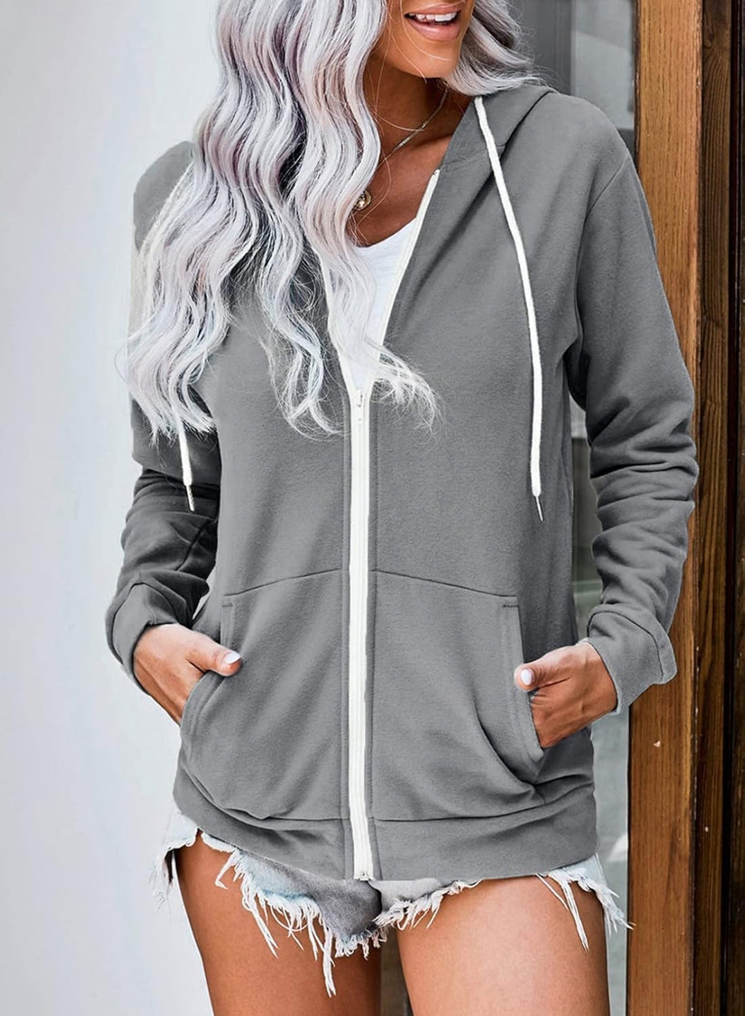 Maavoki Damen Zip Hoodie Langarm Kapuzenpulli Fleece Outwear Jacken Herbst Winter Sweatjacke A-grau
