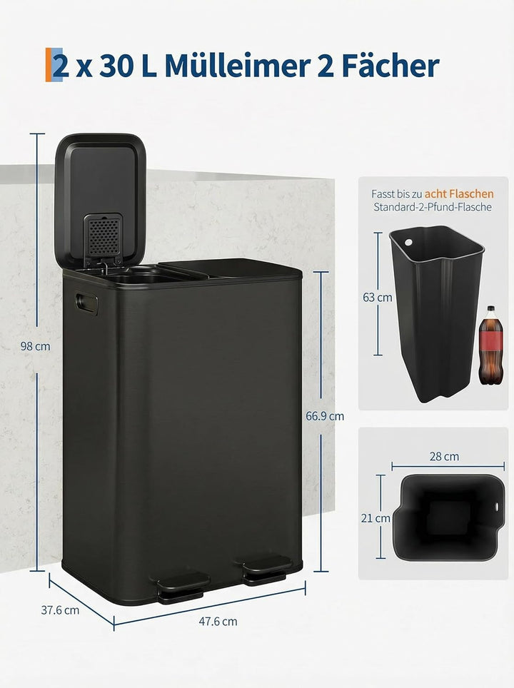 GarveeHome Mülleimer Küche, 2 x 30 L, Mülltrennsystem 2 Fächer, Metall-Tretmülleimer mit Seitlichem