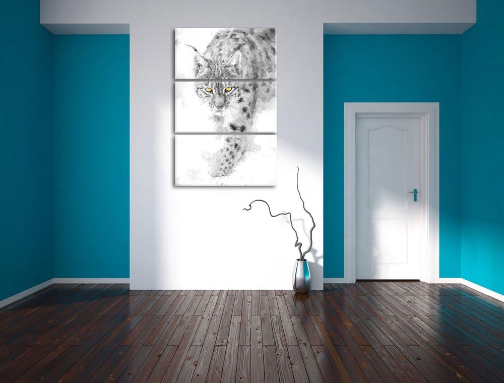 wachsamer Luchs im Schnee schwarz/weiss Deluxe 3-Teiler Leinwandbild 120x80 Bild auf Leinwand, XXL r