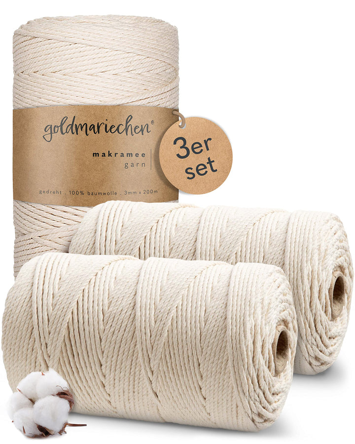 goldmariechen Premium Makramee Garn 3er Set (Naturell) 600 Meter | 3mm | 100% Baumwolle | plastikfre