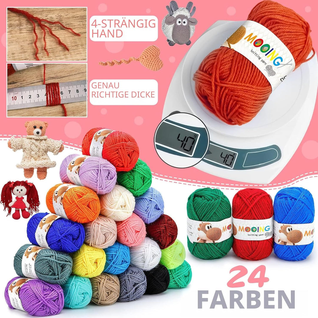 MZJAUVF Acrylwolle Set, 24 Farben Wolle Set, Baumwolle Wolles mit 2 Häkelnadeln, 40g Baumwollgarn, W