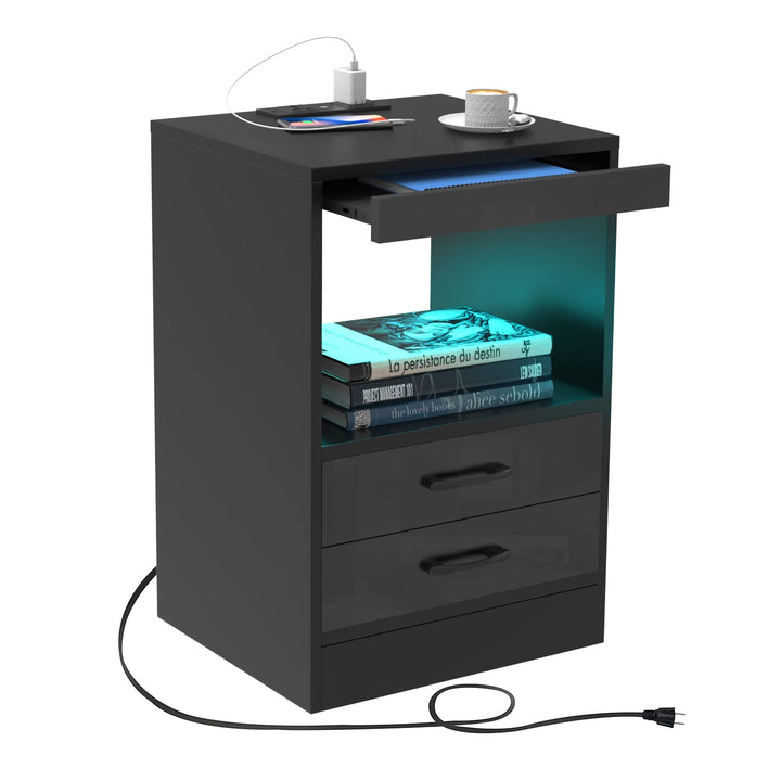 Lvhecforhm Nachttisch, Nachttisch mit Steckdosen und USB-Anschlüsse, Nachttisch mit LED Licht 16Farb