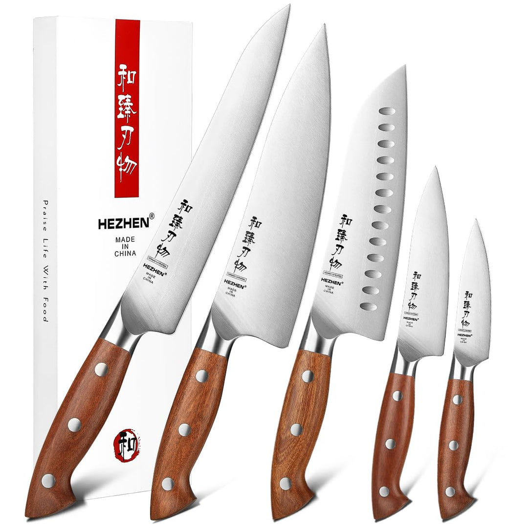 HEZHEN Messerset Profi Küchenmesser Set 5-Teilig，German Stahl Kochmesser Santoku Universal Tranchier