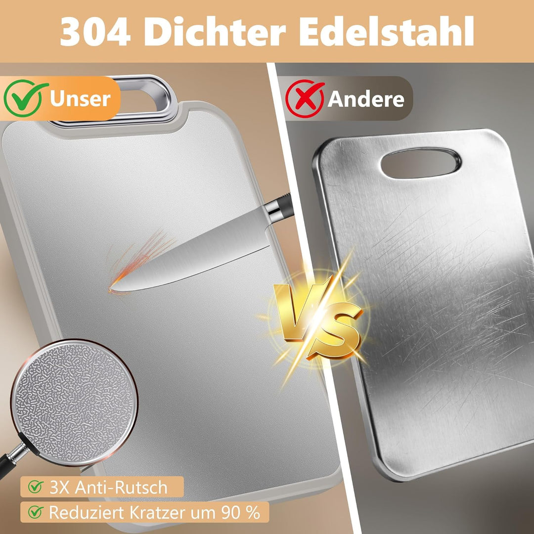ROTTOGOON Schneidebrett Holz & Edelstahl 2 in 1 Doppelseitiges Schneidebrett mit Saftrille Rutschfes