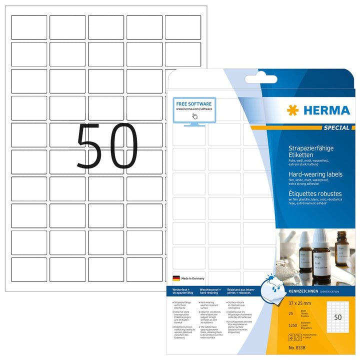 HERMA 8338 Wetterfeste Folienetiketten, 25 Blatt, 37 x 25 mm, 50 Stück pro A4 Bogen, 1250 Aufkleber,