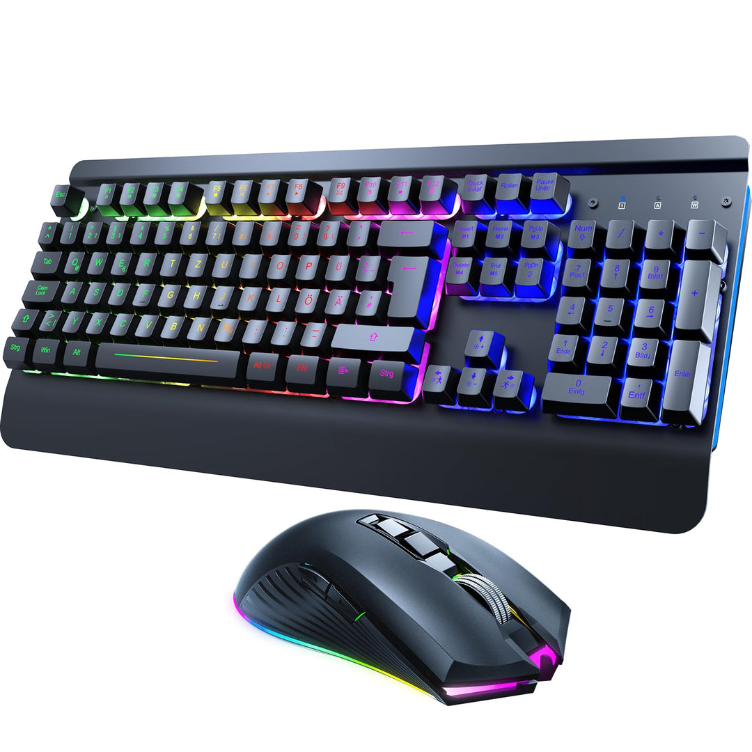 RisoPhy Gaming Tastatur Maus Set Kabellos, QWERTZ, Metallplatte, 7 Farben Beleuchtet, Wiederaufladba