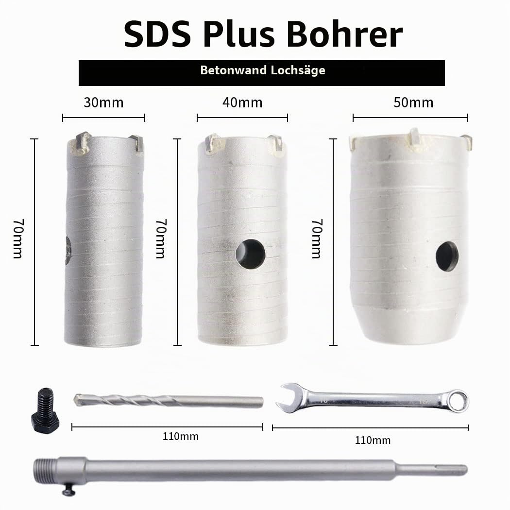 Betonbohrer-Set, 30mm, 40mm, 50mm Lochsäge, SDS-Bohrer und 350mm Adapter, Hartmetall-Hohlbohrer für