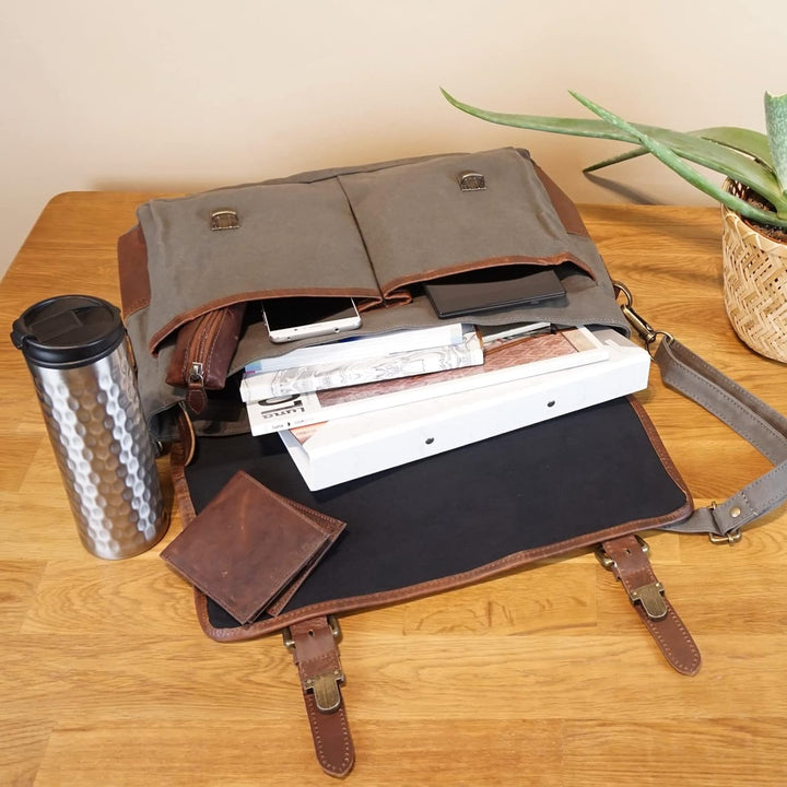 LECONI Messenger Bag DIN A4 Leder Canvas Damen & Herren Schultasche Retro look Collegetasche Umhänge