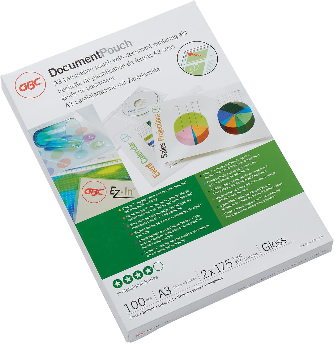GBC Laminierfolien A3 175 mic, Robuste Laminiertaschen im 100er Pack, Glänzend, Transparent, Ideal f