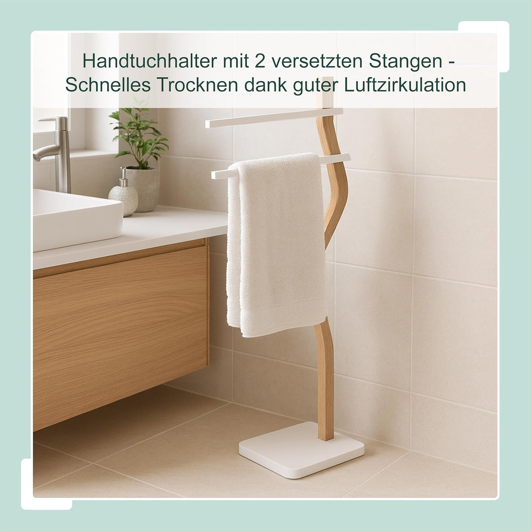 Relaxdays Handtuchständer, HxBxT: 86 x 37 x 18 cm, Metall, Holz, 2 Stangen, stehender Handtuchhalter