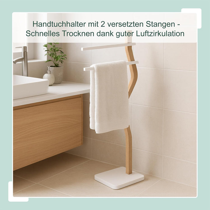 Relaxdays Handtuchständer, HxBxT: 86 x 37 x 18 cm, Metall, Holz, 2 Stangen, stehender Handtuchhalter