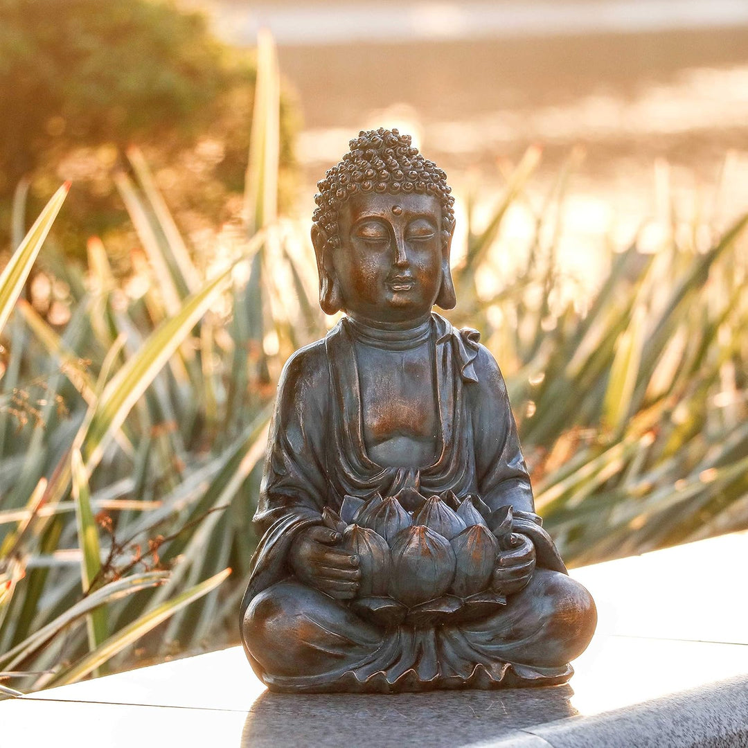 TERESA'S COLLECTIONS Gartendeko für draussen,Buddha Figur Garten Solarleuchte Harz sitzende Budda St