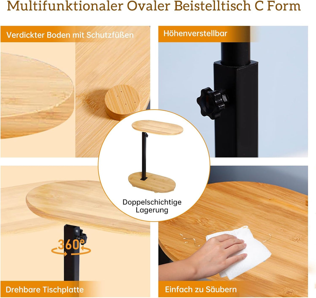 KUKKUME Beistelltisch C Form Höhenverstellbar Kleiner Tisch Bambusholz und Metall Couchtisch Sofatis